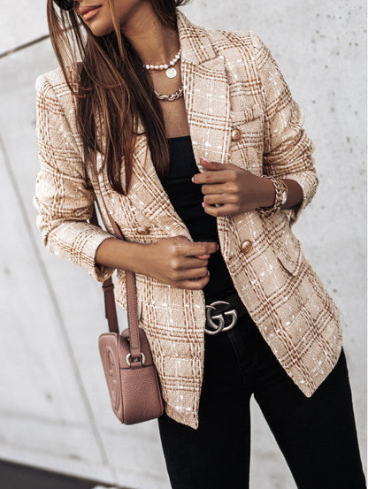 Veste de tailleur femme – Coupe cintrée – Tweed – Carreaux – Double boutonnage