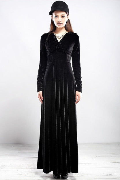 Robe longue femme – Velours doux – Manches longues – Décolleté cache-cœur élégant