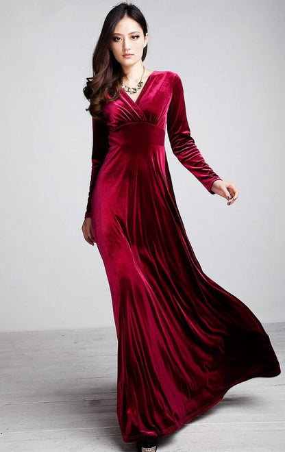 Robe longue femme – Velours doux – Manches longues – Décolleté cache-cœur élégant