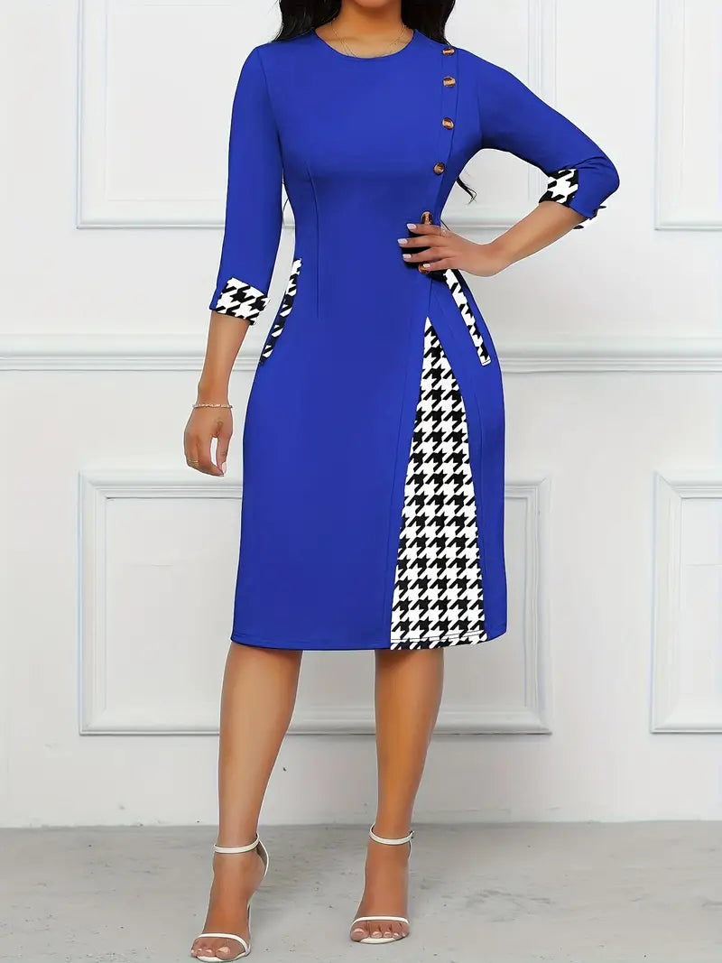 Robe Femme Élégante - Coupe Ajustée Évasée - Col Rond - Manches 3/4 - Détails Boutons