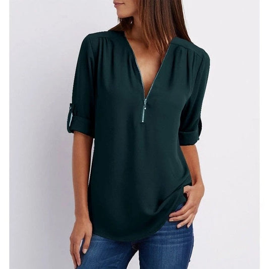 Blouse femme – Coupe ample – Tissu respirant – Demi-zip – Manches 3/4 retroussables