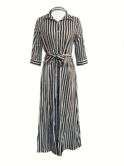 Robe Maxi Femme - Boutonnée - Manches 3/4 - Ceinturée - Motif Rayé - Col Chemise