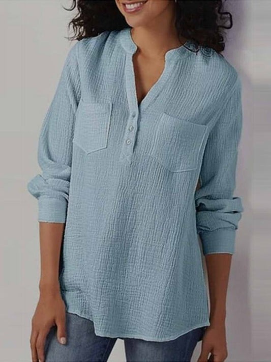 Blouse femme – Coupe ample – Manches longues – Tissu texturé respirant – Poches poitrine
