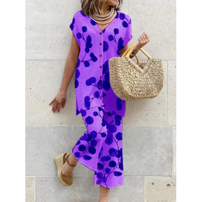 Robe Longue Femme - Fluide et Légère - Imprimé Botanique - Col V Boutonné - Manches Courtes