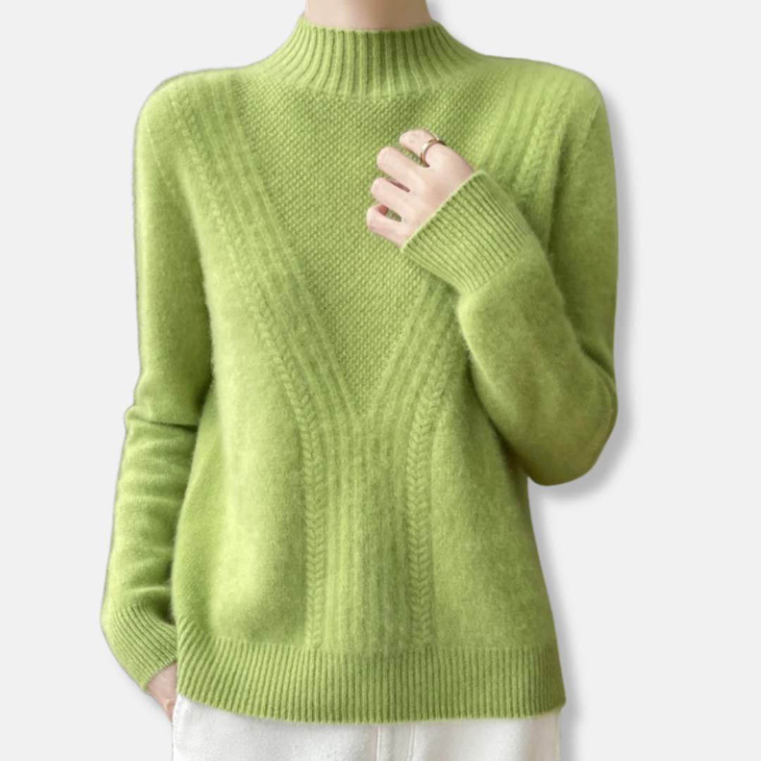 Pull femme – Laine – Coupe décontractée – Col montant – Maille côtelée