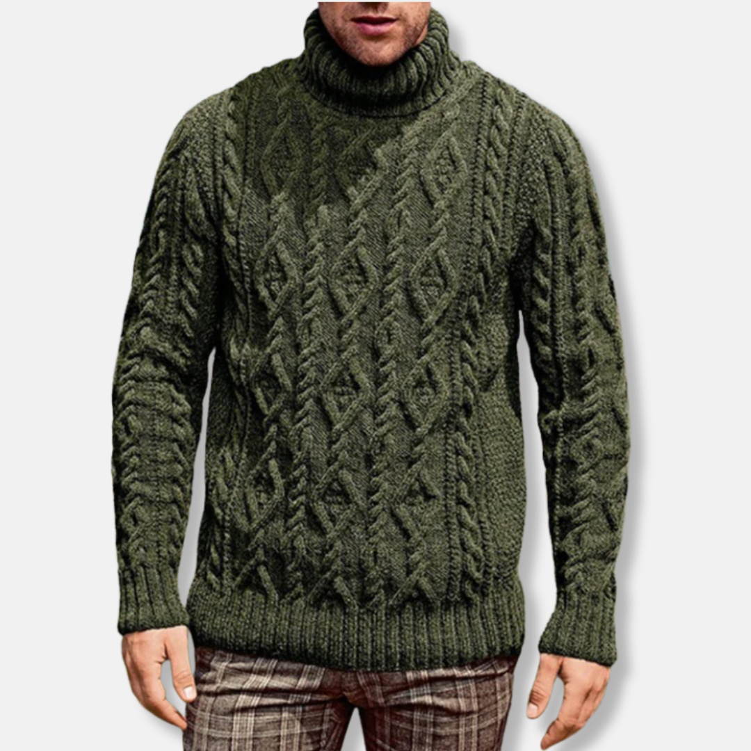 Homme Pull - Laine Mélangée - Col Roulé - Coupe Décontractée - Motif Torsadé