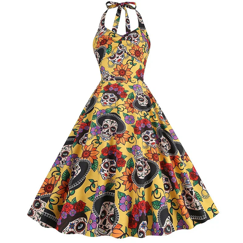 Robe midi femme – Encolure licou – Imprimé floral crâne – Taille cintrée – Jupe évasée