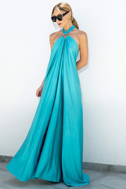 Robe maxi en satin à col halter pour femmes - Élégante et sophistiquée