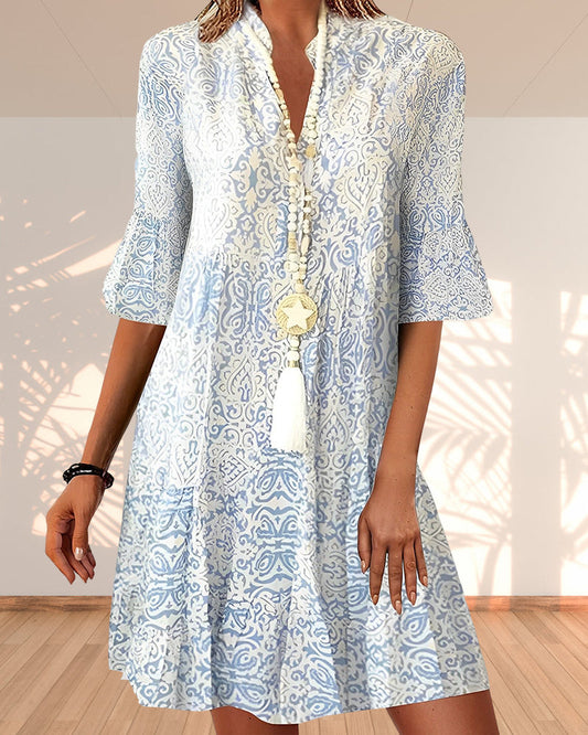 Robe Mini Femme – Coupe Décontractée – Manches Mi-longues – Col V – Imprimé Bohème – Tissu Respirant