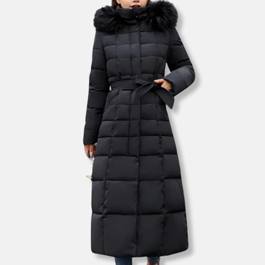 Manteau long femme – Matelassé isolant – Ceinture cintrée – Capuche en fausse fourrure