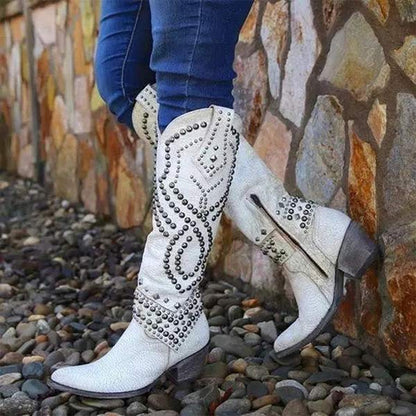 Bottes femme hauteur genou – Cuir vieilli – Talon épais – Rivets – Fermeture zippée