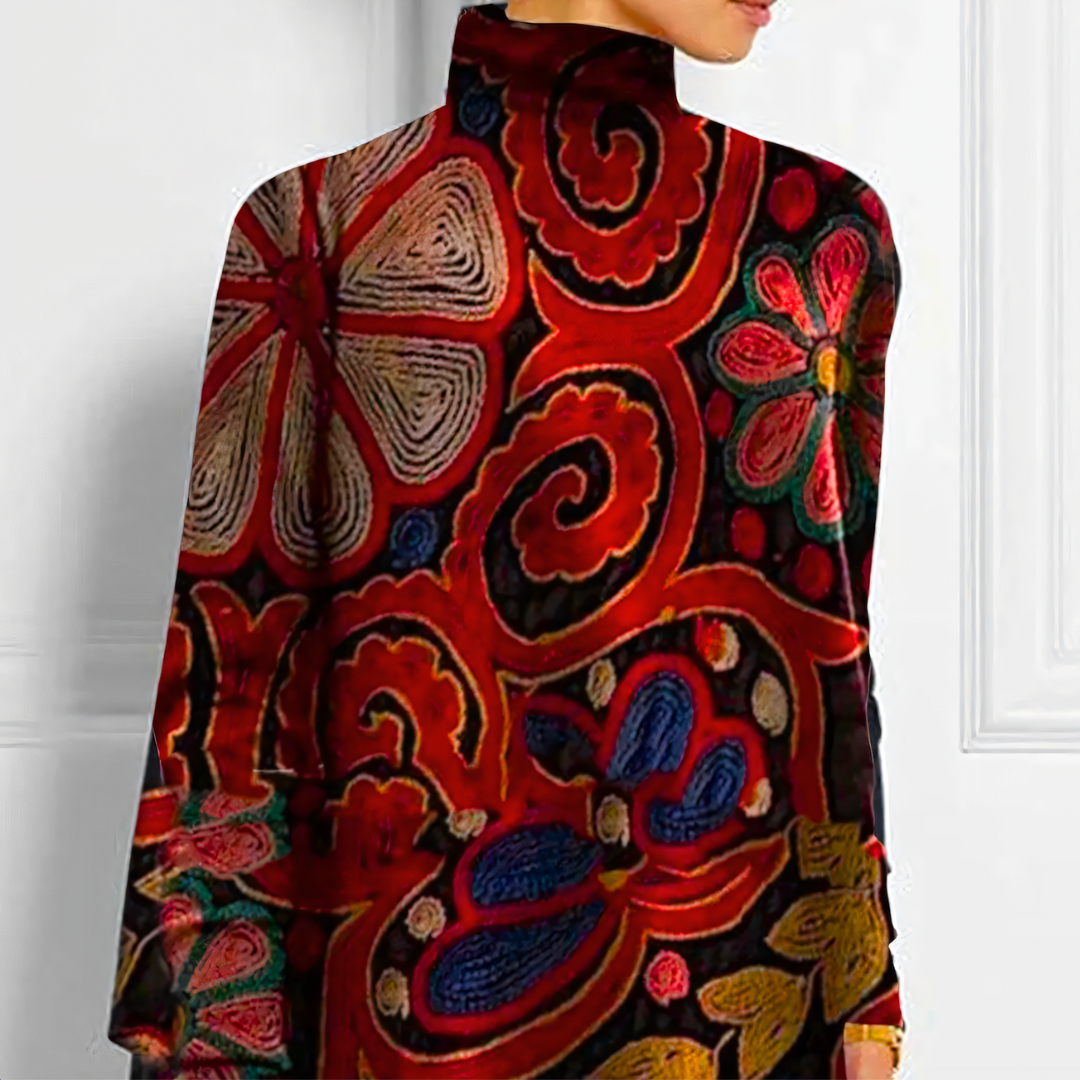 Haut femme – Coupe asymétrique – Tissu fluide respirant – Manches longues – Imprimé graphique