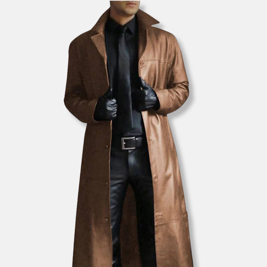 Manteau long homme – Coupe ajustée – Cuir structuré – Fermeture boutonnée formelle