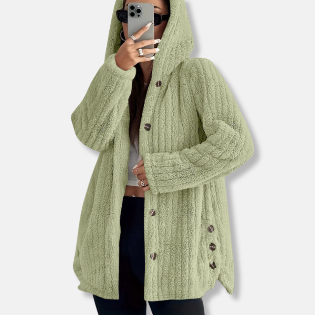 Manteau femme à capuche – Coupe ample – Boutonné – Tissu doux effet peluche