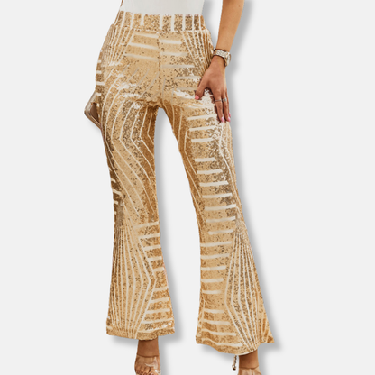 Pantalon femme – Taille haute – Jambe large – Sequins géométriques – Longueur totale