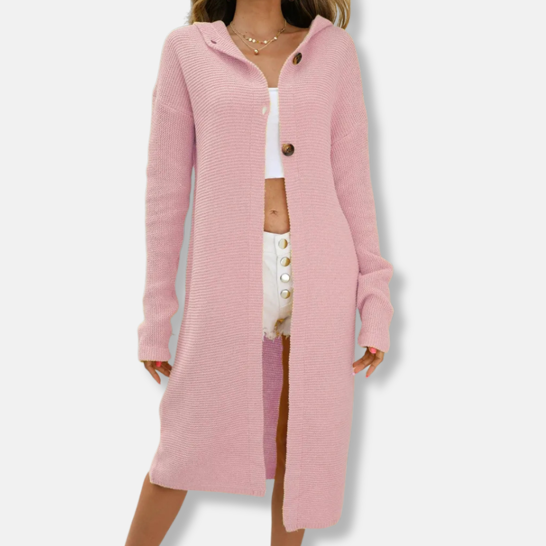 Femme Cardigan - Maille Côtelée - Capuche - Manches Longues - Longueur Mi-Cuisse