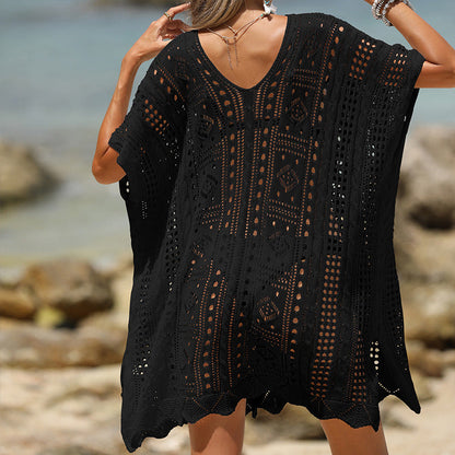 Tunique de plage femme – Maille légère – Coupe ample – Manches courtes – Ourlet festonné