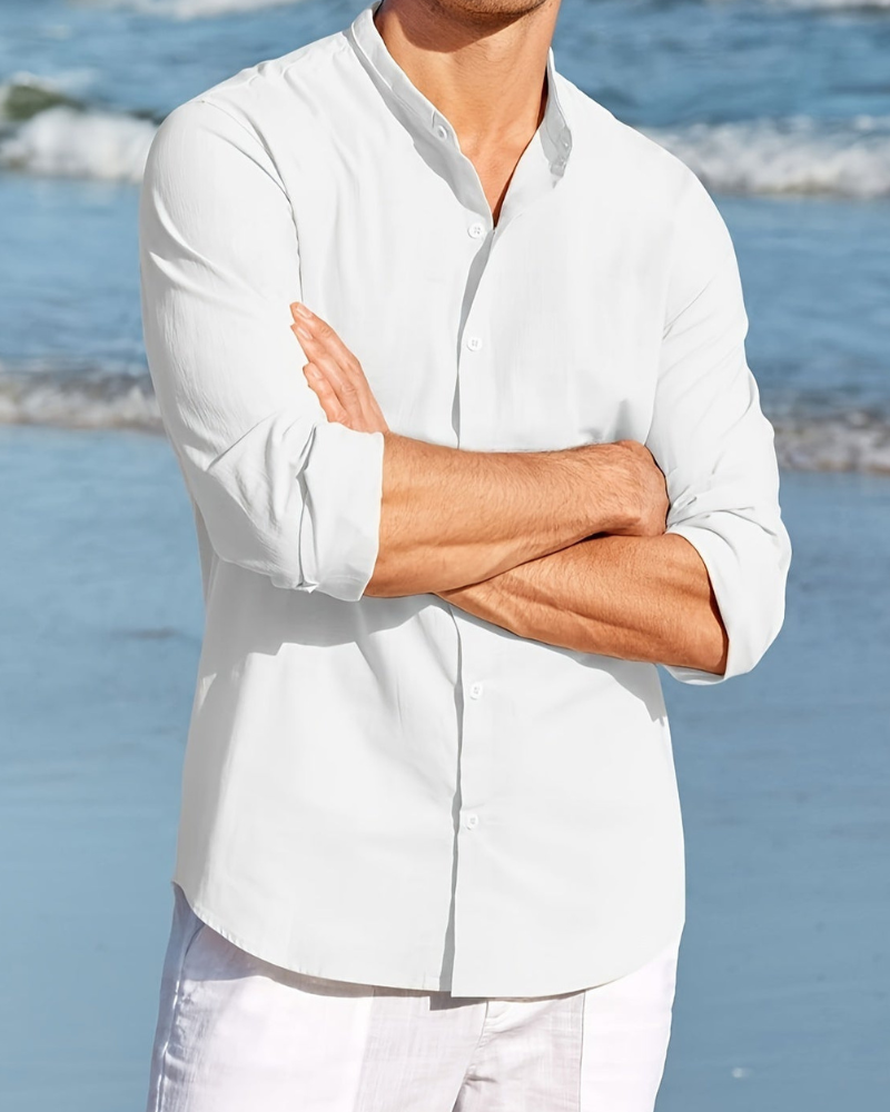 Chemise homme – Coupe décontractée – Tissu respirant – Col mao – Manches longues