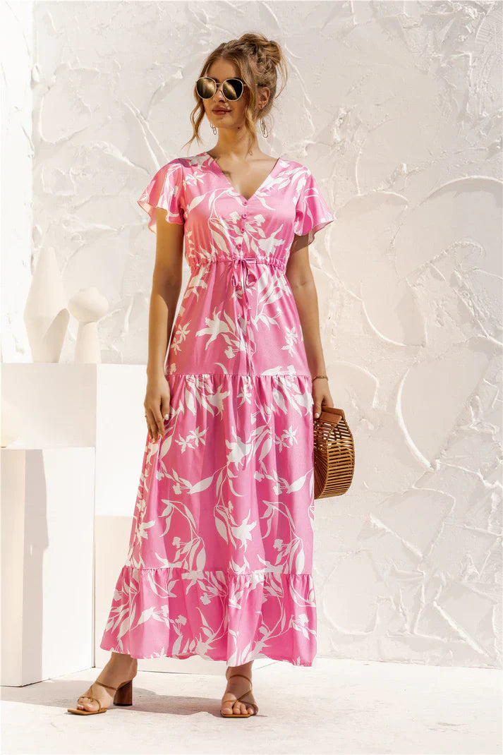 Robe Longue Femme – Imprimé Floral – Manches Courtes Volantes – Col V – Jupe Évasée