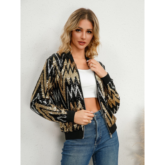 Veste bomber femme – Coupe décontractée – Sequins brillants – Motif zigzag zippé