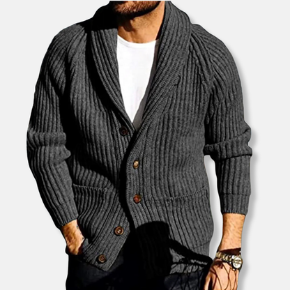 Homme Cardigan - Maille Côtelée - Coupe Slim - Col Châle - Poches Plaquées