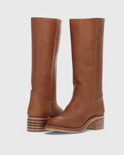 Femme Bottes - Cuir - Tige Haute - Talon Bloc Empilé - Bout Amande