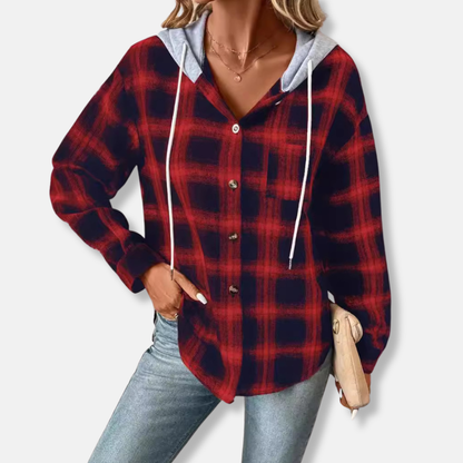 Femme Veste-chemise à Capuche - Coton - Coupe décontractée - Manches longues - Motif à Carreaux