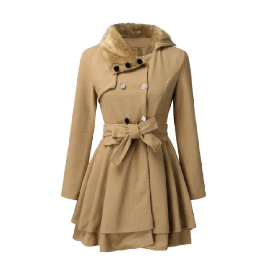 Manteau femme – Coupe évasée – Col en fausse fourrure – Laine – Ceinture élégante