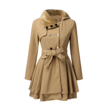 Manteau femme – Coupe évasée – Col en fausse fourrure – Laine – Ceinture élégante