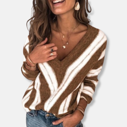 Anna Laine V-Neck Sweater | Sweater Décontracté Rayé Manches Longues
