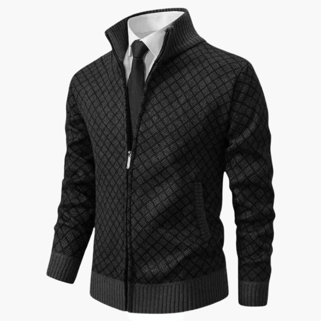 Veste zippée homme – Maille fine – Coupe ajustée – Motif losange – Col montant