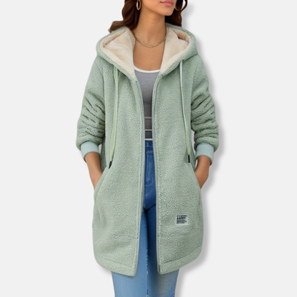 Veste mi-longue femme – Coupe oversize – Effet peau lainée – Capuche zippée