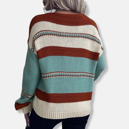 Femme Pull - Maille Moyenne - Coupe Décontractée - Col V - Manches Longues Rayées