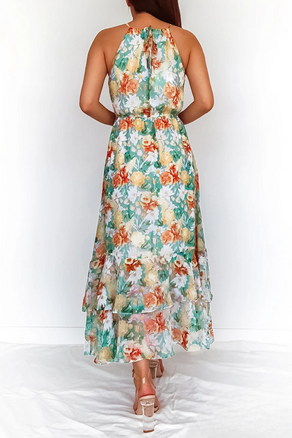 Robe Longue Femme - Col Halter Élégant - Taille Cintrée - Motif Fleuri Fluide