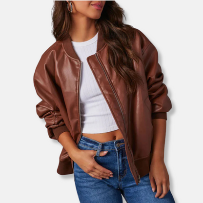 Femme Veste - Simili Cuir - Coupe Oversize - Col Montant Côtelé