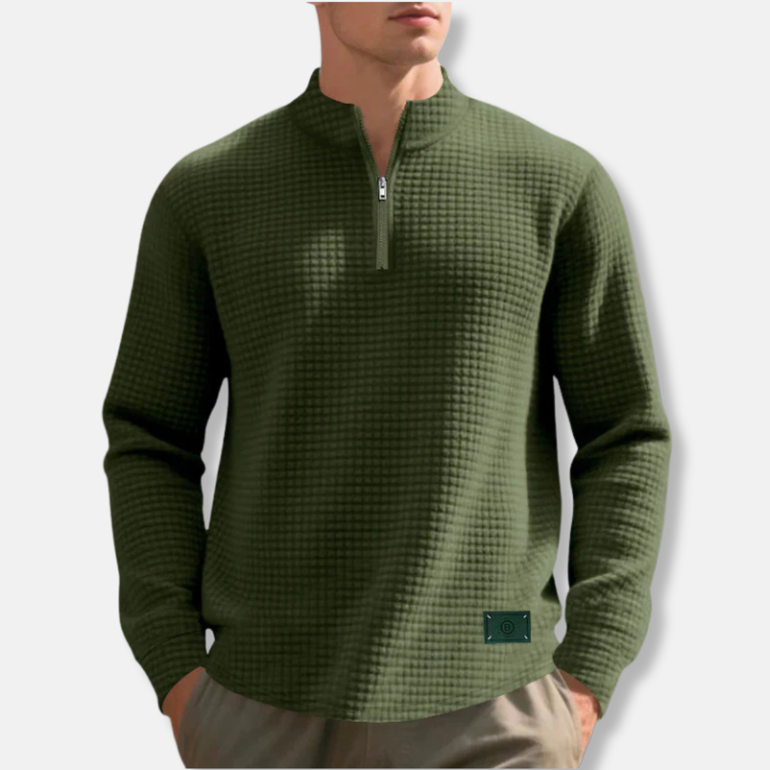 Homme Pull - Mélange Coton - Manches Longues - Col Montant Zippé