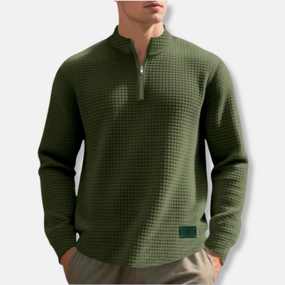 Homme Pull - Mélange Coton - Manches Longues - Col Montant Zippé