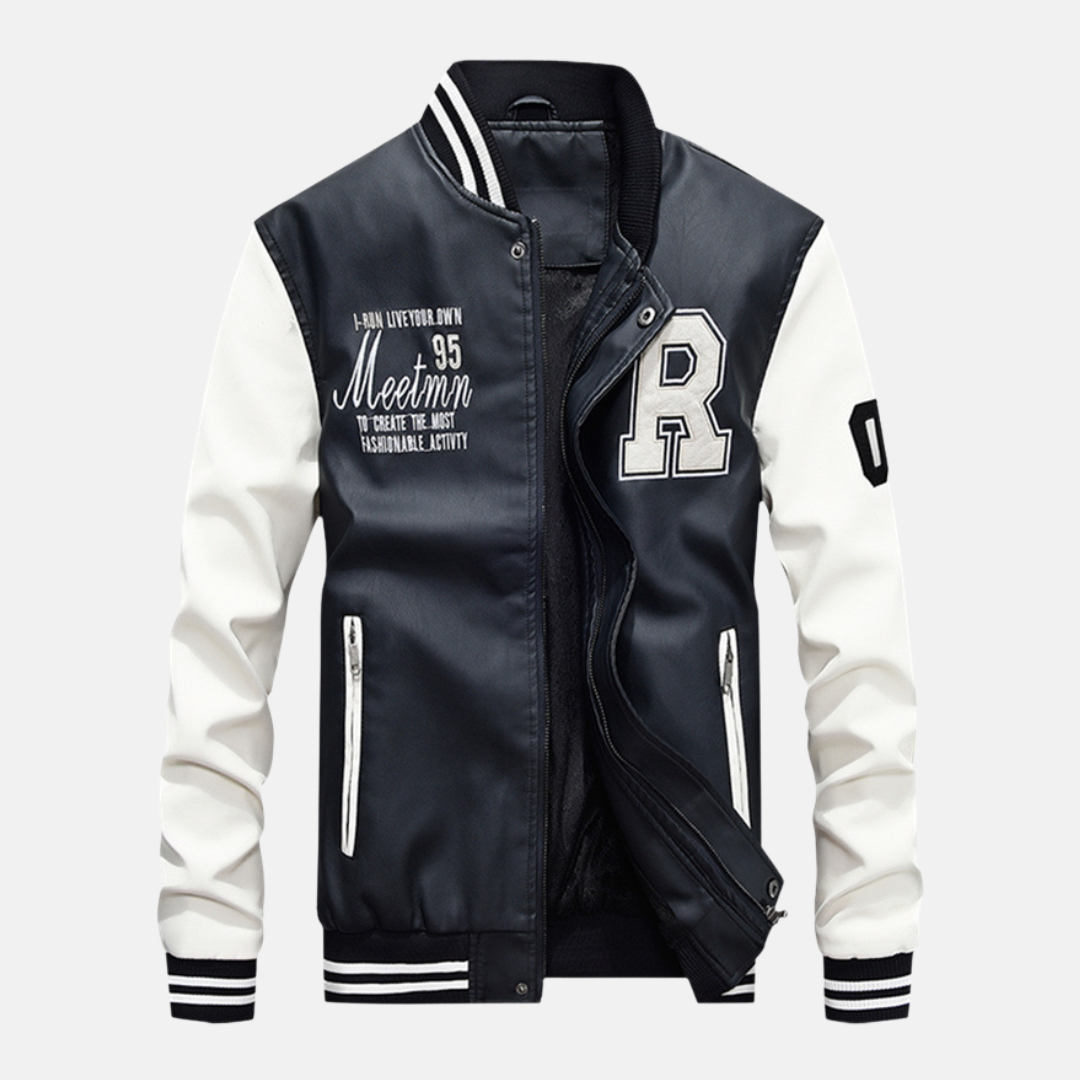 Blouson homme style varsity – Corps cuir lisse – Finition côtelée – Fermeture pression