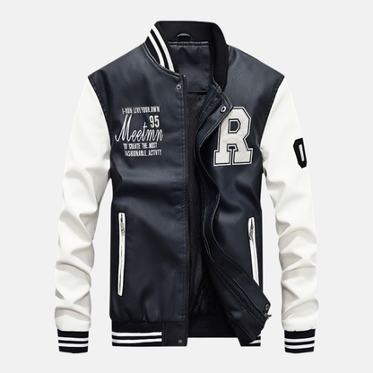 Blouson homme style varsity – Corps cuir lisse – Finition côtelée – Fermeture pression