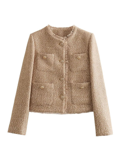 Veste Femme – Coupe Cintrée – Tweed Texturé – Boutonnage Devant – Longueur Taille