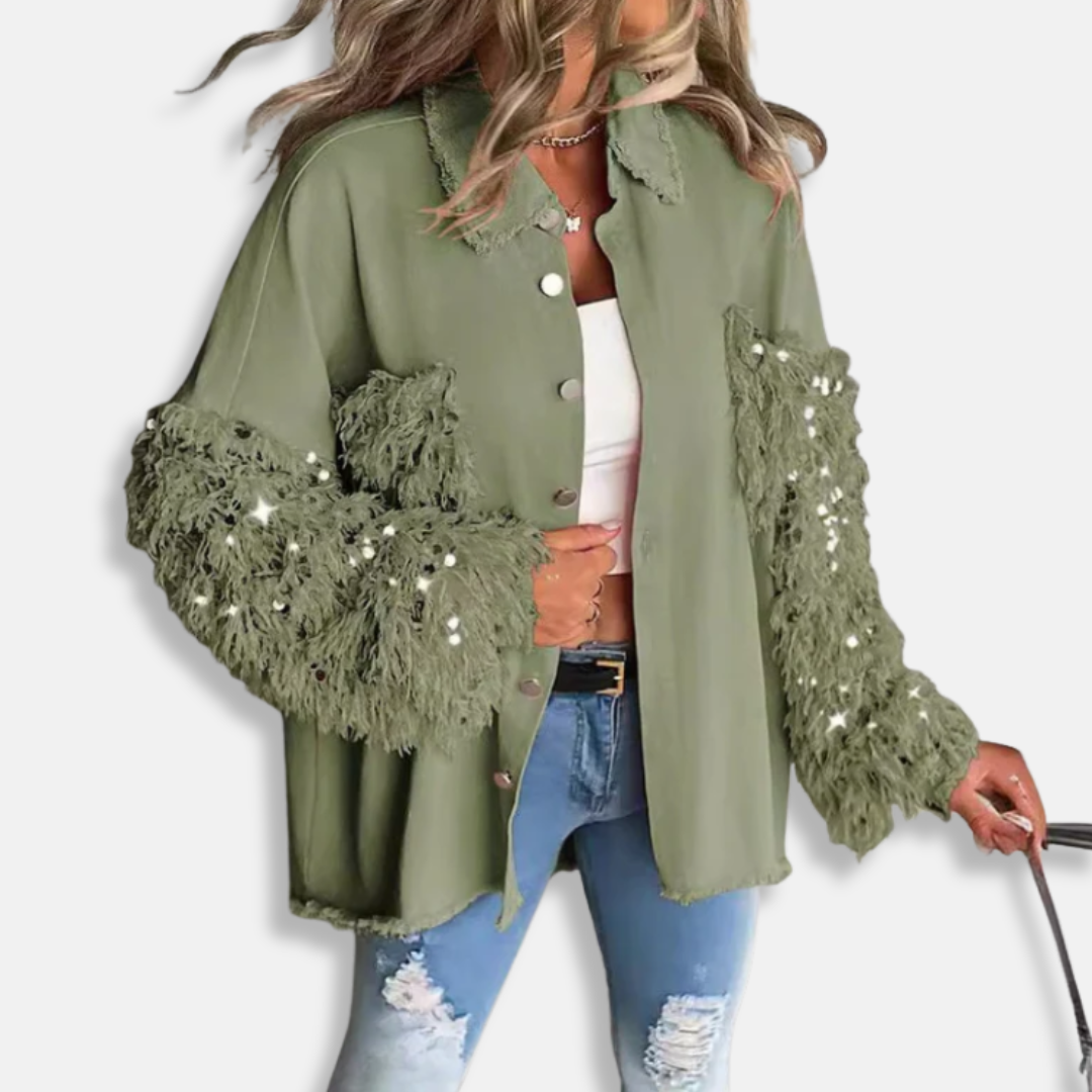 Femme Veste en Jean - Coton Mélangé - Coupe Oversize - Longueur Tunique - Bords Effilochés