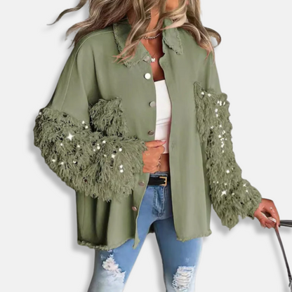 Femme Veste en Jean - Coton Mélangé - Coupe Oversize - Longueur Tunique - Bords Effilochés