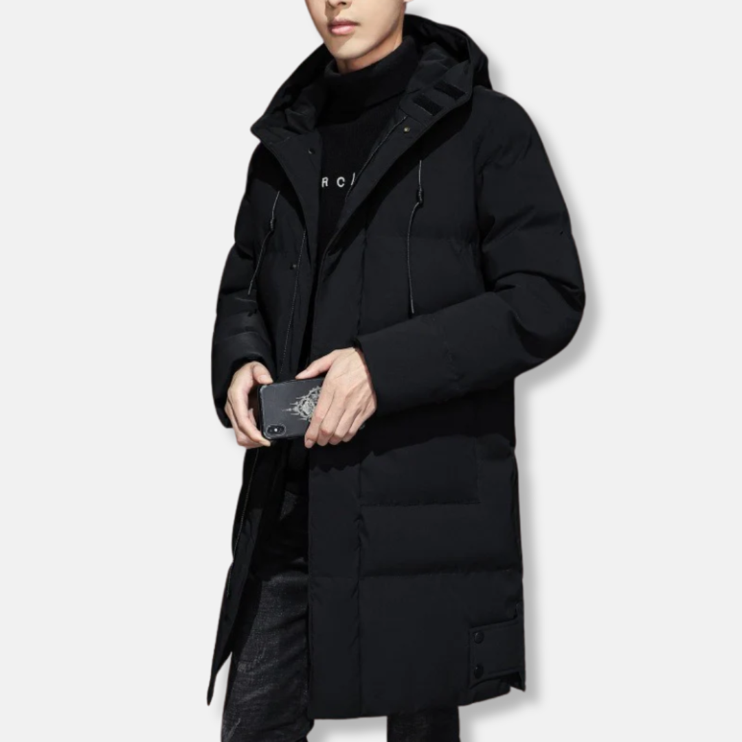 Manteau long homme – Capuche réglable – Matelassé chaud – Coupe régulière – Poignets côtelés