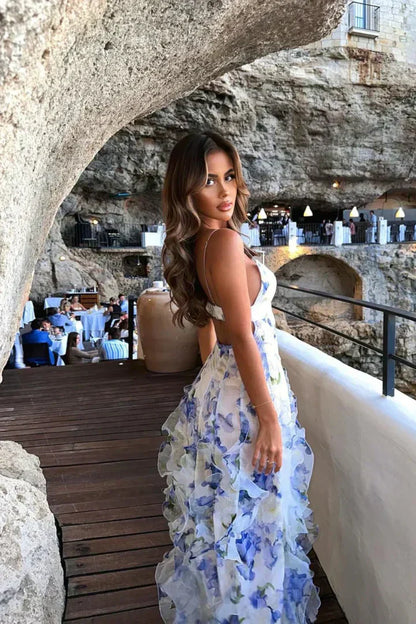 Robe longue femme – Coupe slim – Bretelles fines – Tissu fluide respirant – Motif floral