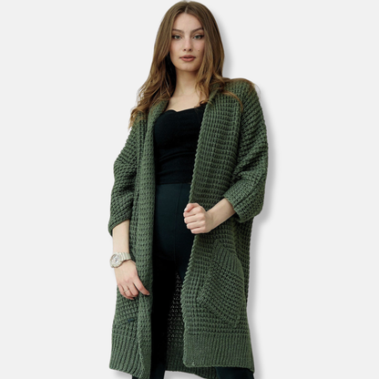 Manteau Femme en Maille – Coupe Oversize – Devant Ouvert – Poches Plaquées