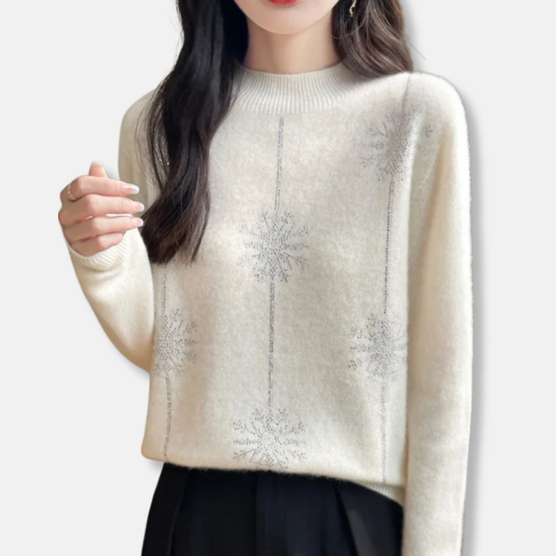 Femme Pull - Maille Pelucheuse - Coupe Décontractée - Col Montant Côtelé - Motif Flocon Scintillant