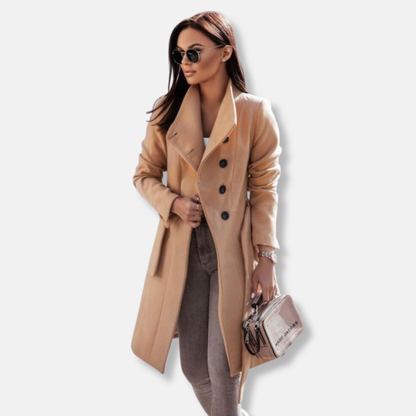 Femme Manteau - Laine Mélangée - Col Mao - Double Boutonnage - Longueur Genou