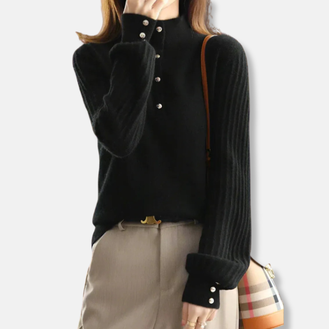 Femme Pull - Laine Mélangée - Col Montant - Manches Bouffantes Longues