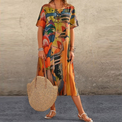 Robe Femme - Coupe Ample - Manches Courtes - Col Rond - Motif Artistique - Longueur Midi