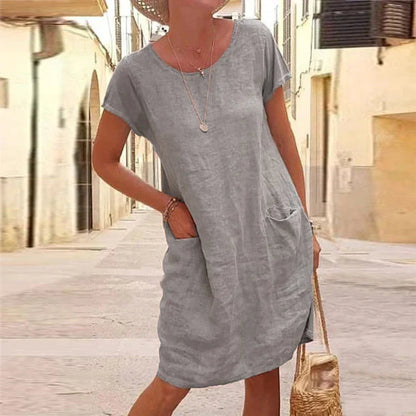 Robe femme – Fibres naturelles – Coupe décontractée – Manches courtes – Longueur genou